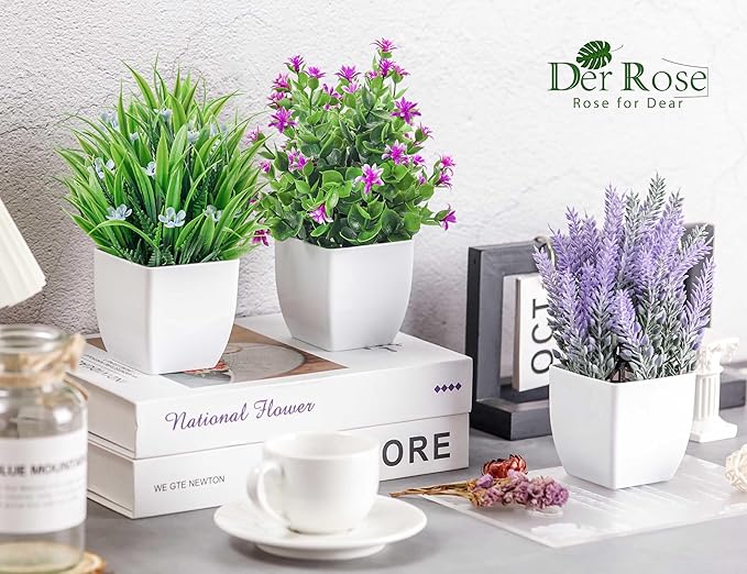 4 Pack Fake Plants Small Artificial Potted Faux Plants with Flowers for Home Bathroom Living Room Office Decor Indoor