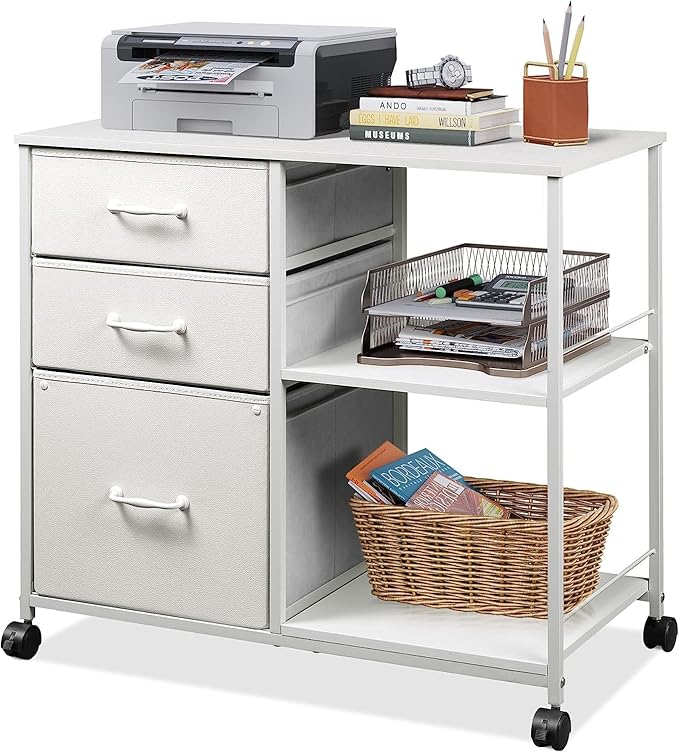 3 Drawer Mobile File Cabinet, Rolling Printer Stand with Open Storage Shelf, Fabric Lateral Filing Cabinet fits A4 or Letter Size for Home Office, Charcoal Black Wood Grain Print
