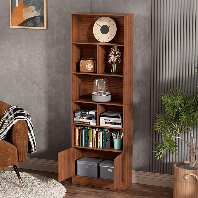 6-Tier Book Shelf, Tall Bookshelf with Storage Cabinet, Freestanding Book Display Stand, Oak Finish Wooden Bookcase Brown