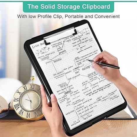 10 Pieces Clipboard with Storage Plastic Storage Clipboard Nursing Clip Board Foldable Clip Board with Low Profile Clip for Home Office School, Size 9.5 x 13.5 Inch (Black)