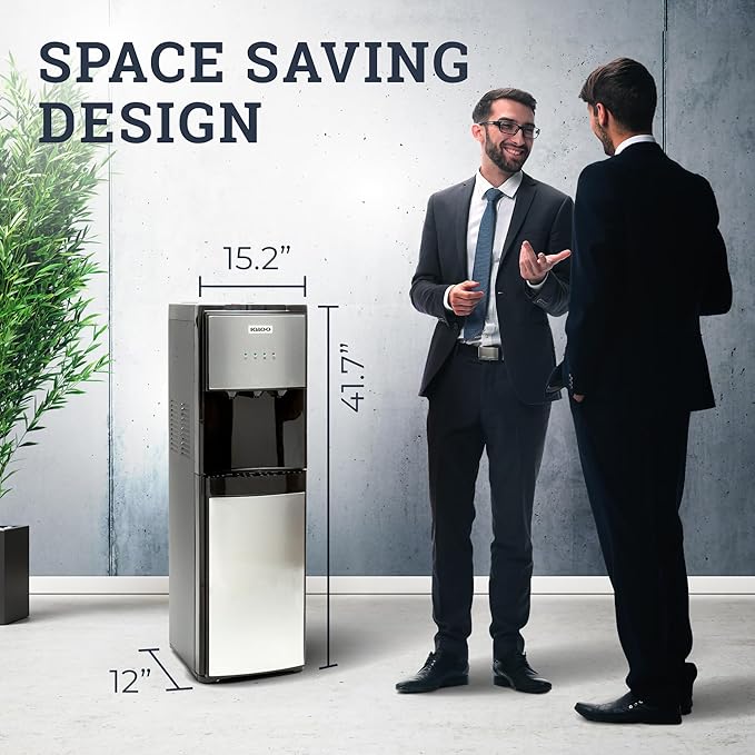 Stainless Steel Hot, Cold & Room Water Cooler Dispenser, Holds 3 & 5 Gallon Bottles, 3 Temperature Spouts, No Lift Bottom Loading, Child Safety Lock, Black/Stainless