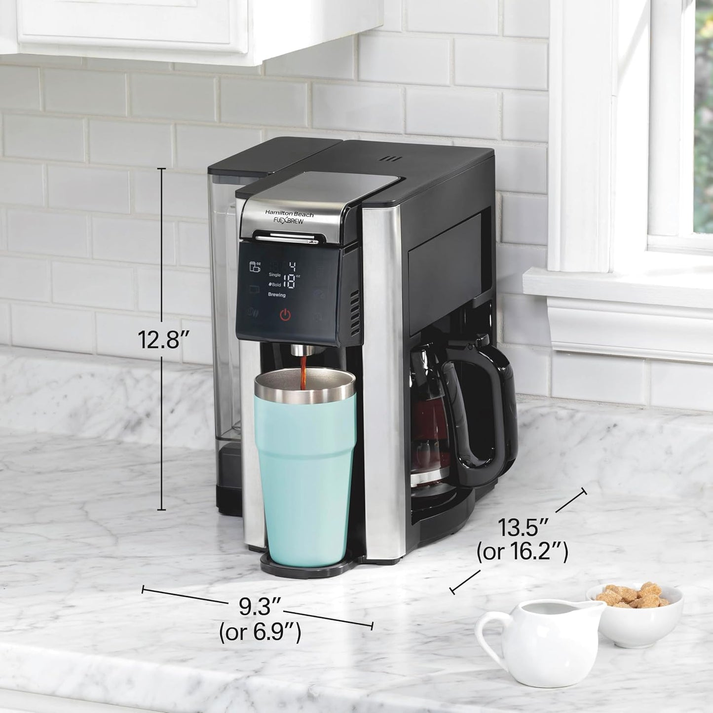 5-in-1 Programmable 12 Cup Drip and Single Serve Hot & Iced Coffee Maker with Movable 60 oz. Water Reservoir, Use Pod Packs and Grounds, Fast Brewing, Black