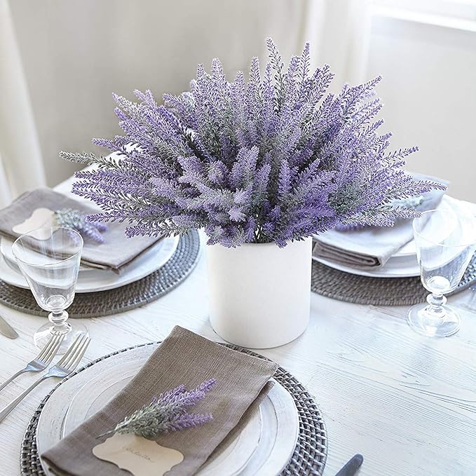 10 Bundles Fake Flowers Artificial Lavender Faux Plastic Plants for Home Decor Wedding Kitchen Garden Patio Porch Window Box Office Table Centerpieces Indoor Outdoor Decorations, Purple