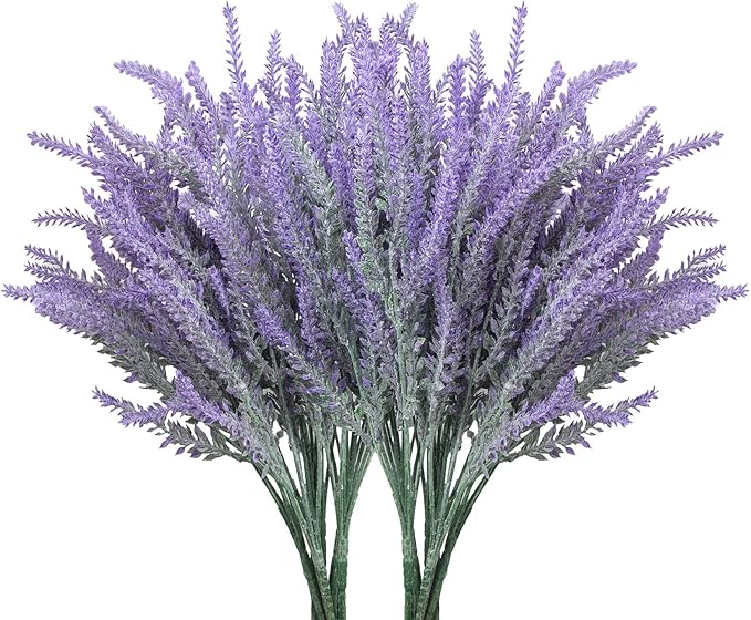 10 Bundles Fake Flowers Artificial Lavender Faux Plastic Plants for Home Decor Wedding Kitchen Garden Patio Porch Window Box Office Table Centerpieces Indoor Outdoor Decorations, Purple