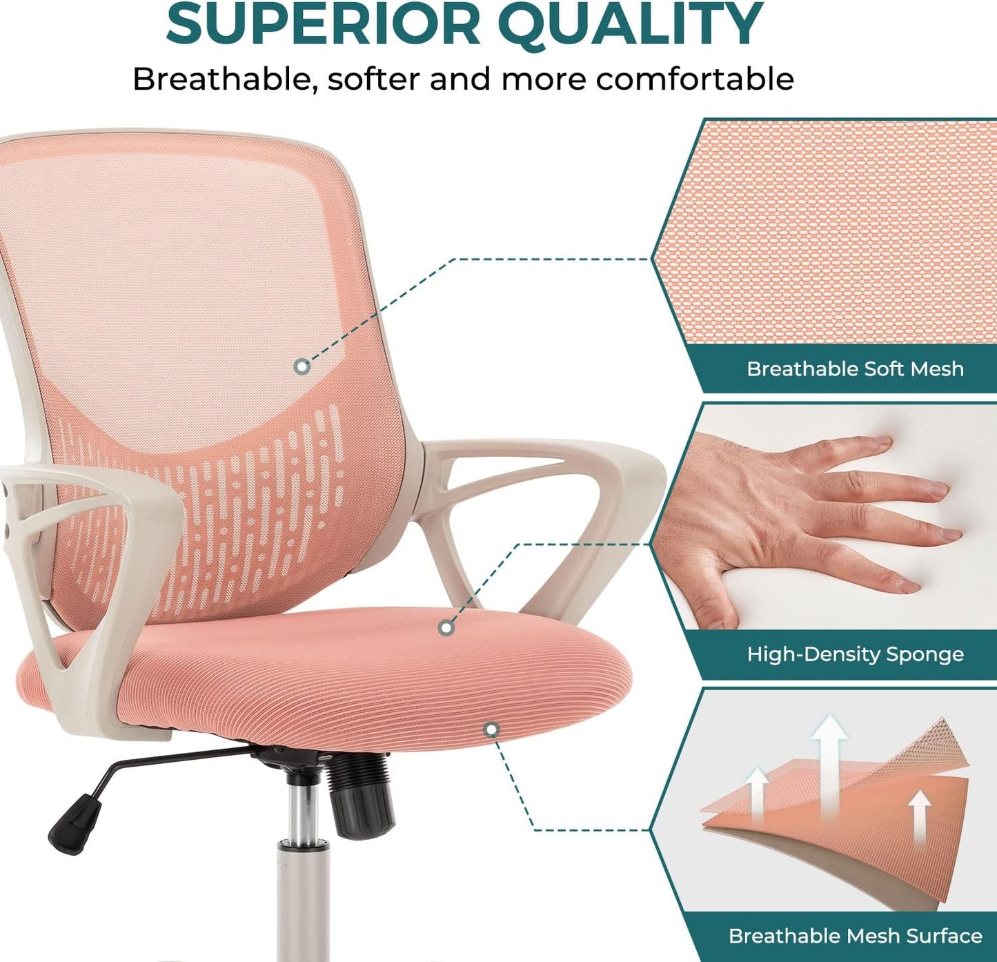 Home Office Desk Chair Ergonomic Computer Chair Modern Height Adjustable Swivel Chair Mesh Chair with Fixed Armrests/Lumbar Support, Pink