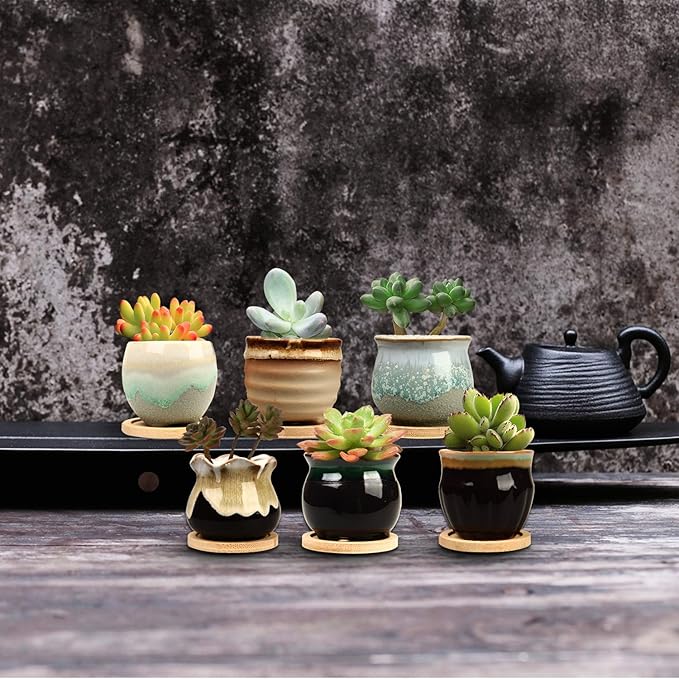 2.5 Inch Succulent Pot with Drainage,Planting/Flower Pots,Small Planter for Mini Plant Ceramic Flowing Glaze Base Serial Set with Holes
