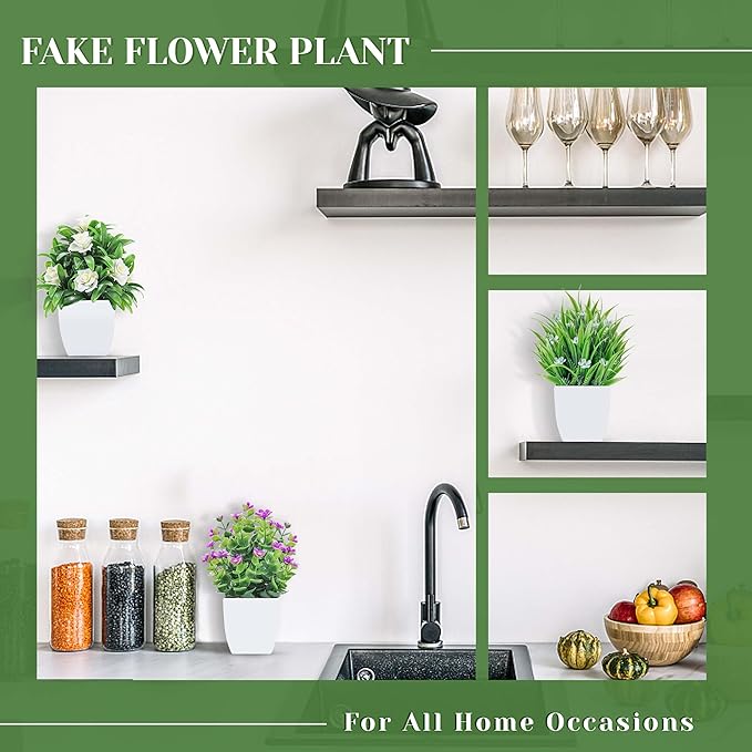 4 Pack Fake Plants Small Artificial Potted Faux Plants with Flowers for Home Bathroom Living Room Office Decor Indoor