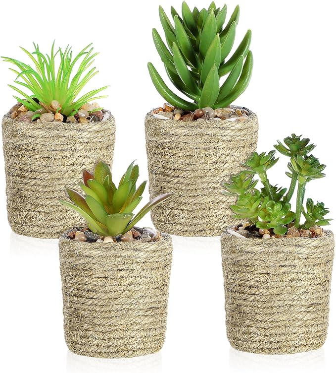 4Pcs Mini Potted, Artificial Succulent Plants with Pots, Decorative Faux Succulent Potted for Home, Bedroom, Office, Farmhouse, Desk, Living Room Decor