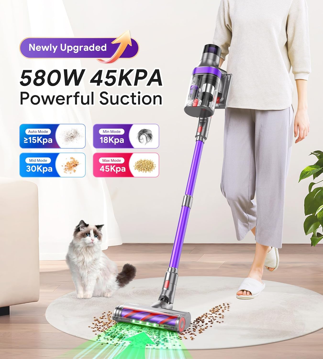 Vacuum Cleaner for Home,65Mins/580W/45Kpa Powerful Suction Cordless Vacuum,Cordless Stick Vacuum Cleaner,Portable 2L Cups Anti-Tangle Vacuum Pro for Pet Hair Hardwood Carpet Car