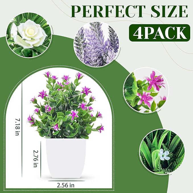 4 Pack Fake Plants Small Artificial Potted Faux Plants with Flowers for Home Bathroom Living Room Office Decor Indoor