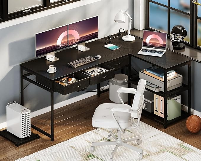 53 Inch L Shaped Computer Desk with Drawers, Corner Desk with Power Outlets & Reversible Storage Shelves, Movable CPU Stand for Home Office Gaming