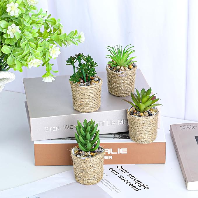 4Pcs Mini Potted, Artificial Succulent Plants with Pots, Decorative Faux Succulent Potted for Home, Bedroom, Office, Farmhouse, Desk, Living Room Decor