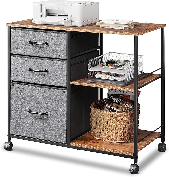 3 Drawer Mobile File Cabinet, Rolling Printer Stand with Open Storage Shelf, Fabric Lateral Filing Cabinet fits A4 or Letter Size for Home Office, Charcoal Black Wood Grain Print