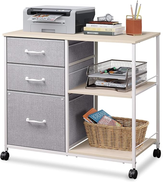 3 Drawer Mobile File Cabinet, Rolling Printer Stand with Open Storage Shelf, Fabric Lateral Filing Cabinet fits A4 or Letter Size for Home Office, Charcoal Black Wood Grain Print