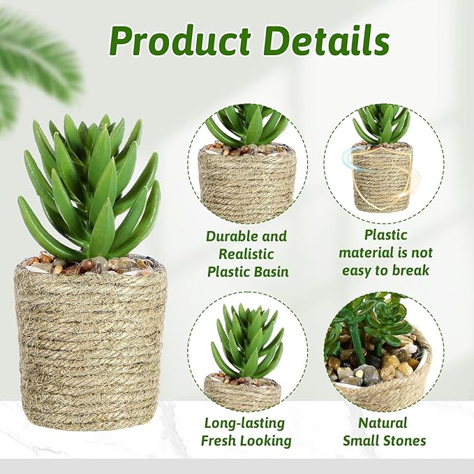 4Pcs Mini Potted, Artificial Succulent Plants with Pots, Decorative Faux Succulent Potted for Home, Bedroom, Office, Farmhouse, Desk, Living Room Decor
