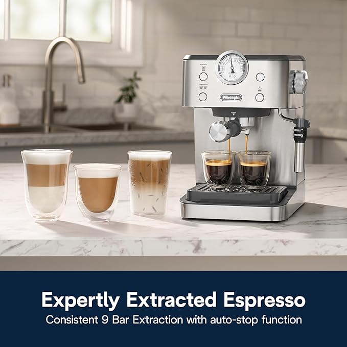Espresso Machine with Milk Frother, 15-Bar Pump & Temperature Control - Barista Coffee Maker Kit for Espresso, Latte, Cappuccino & Iced Coffee - Italian Stainless Steel Design