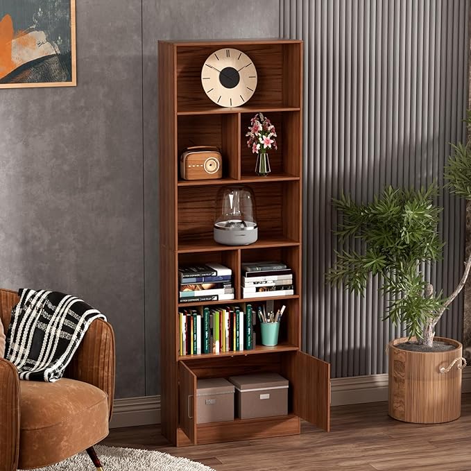 6-Tier Book Shelf, Tall Bookshelf with Storage Cabinet, Freestanding Book Display Stand, Oak Finish Wooden Bookcase Brown