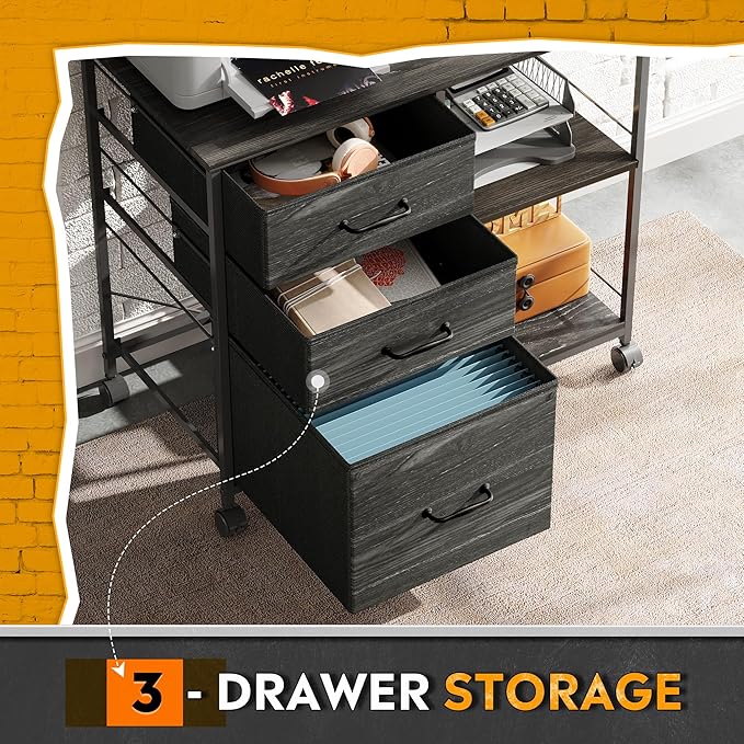 3 Drawer Mobile File Cabinet, Rolling Printer Stand with Open Storage Shelf, Fabric Lateral Filing Cabinet fits A4 or Letter Size for Home Office, Charcoal Black Wood Grain Print