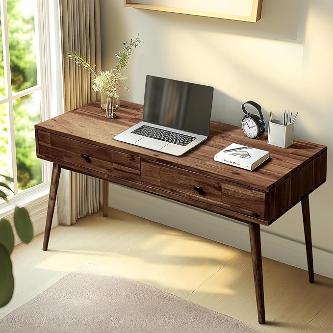 48" Solid Wood Work Desk with Drawers, Office Furniture, Scandinavian Style Work Table for Home Office