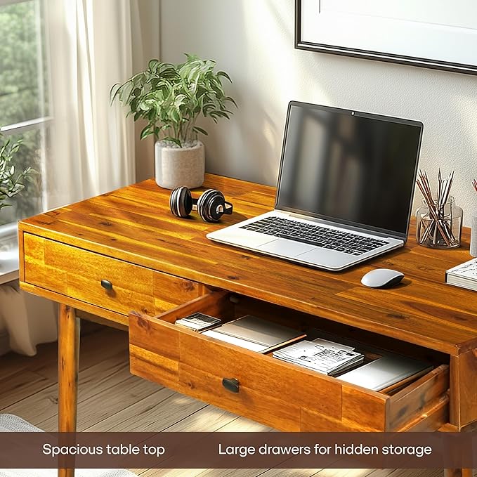48" Solid Wood Work Desk with Drawers, Office Furniture, Scandinavian Style Work Table for Home Office