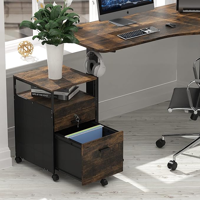 Box File Rolling Mobile Cabinet with Open Shelf and Lockable Drawer
