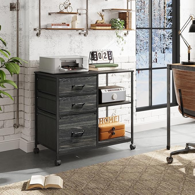3 Drawer Mobile File Cabinet, Rolling Printer Stand with Open Storage Shelf, Fabric Lateral Filing Cabinet fits A4 or Letter Size for Home Office, Charcoal Black Wood Grain Print