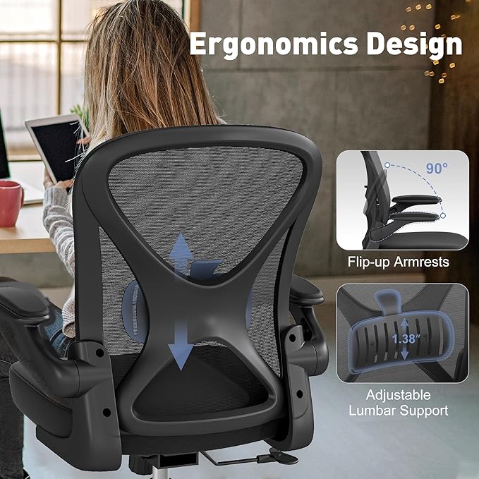 Mesh Office Chair with Adjustable Lumbar Support, Ergonomic Home Office Desk Chair with Wheels and Flip-up Arms, Black