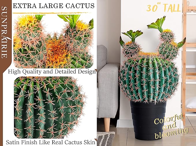 30 Inches Tall Realistic Large Faux Cactus Plant in Matte Black Pot. Gorgeous Artificial Plants for Home and Office Decoration.