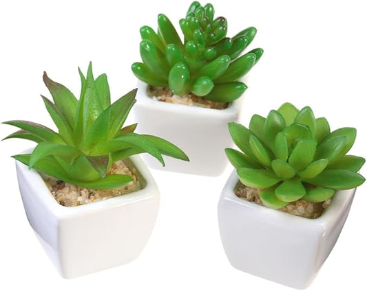 3pcs Mini Artificial Plants White Ceramic Pots for Home Decor Indoor Aesthetic and Mini Gardens No Maintenance Required