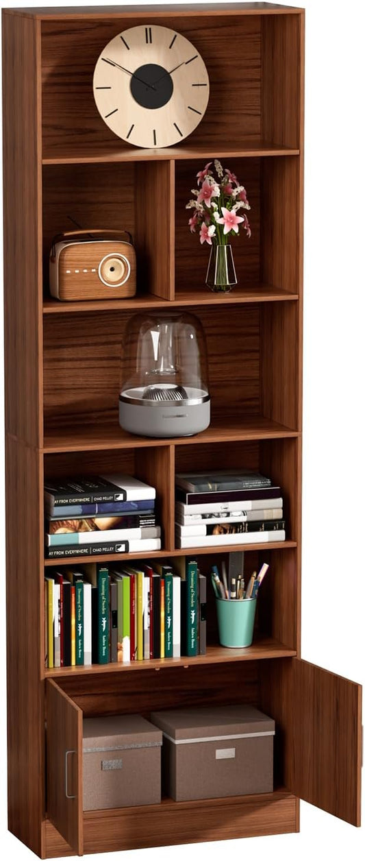 6-Tier Book Shelf, Tall Bookshelf with Storage Cabinet, Freestanding Book Display Stand, Oak Finish Wooden Bookcase Brown