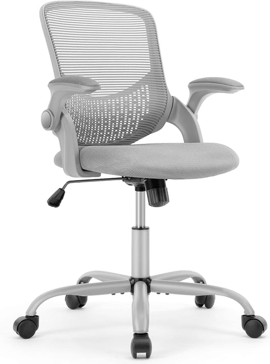 Office Chair - Desk Chair with Wheels, Ergonomic Home Office Chair with Flip-up Arms & Lumbar Support, Mesh Swivel Rolling Height Adjustable, Tilt & Lock, Computer Desk Chair, Grey