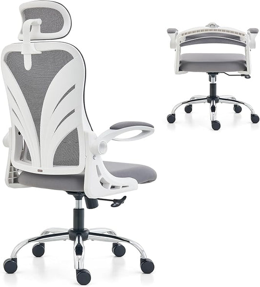 Ergonomic Office Chair with Foldable Backrest, Computer Desk Chair with Flip-up Armrests, Mesh Lumbar Support and 2D Headrest Big and Tall Office Chair, White
