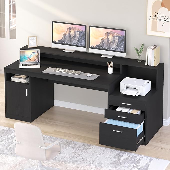 Computer Desk with 3 Drawer & Storage Shelves, Home Office Desk with File Drawer & Cabinet, Writing Study Table with Long Monitor Stand & Printer Shelf, Executive Desk