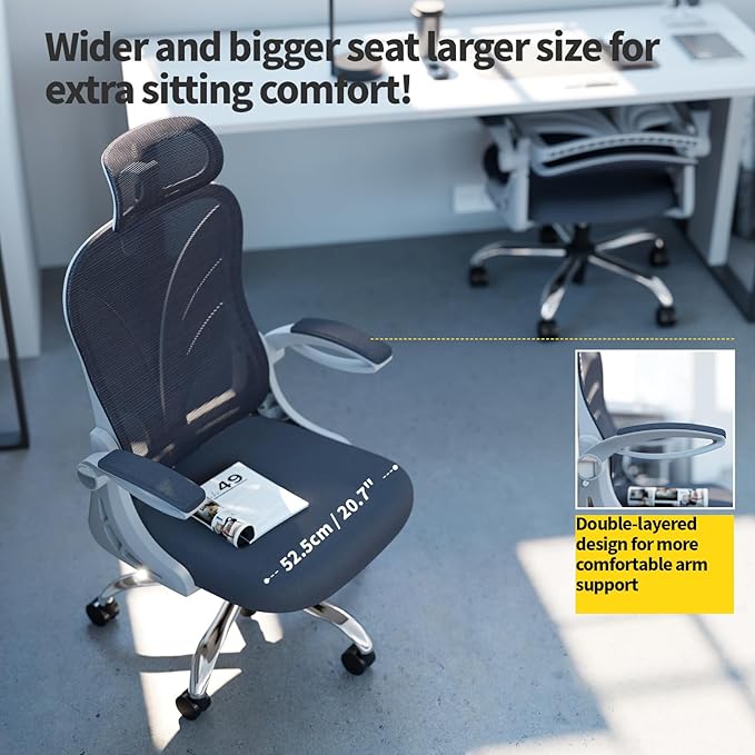 Ergonomic Office Chair with Foldable Backrest, Computer Desk Chair with Flip-up Armrests, Mesh Lumbar Support and 2D Headrest Big and Tall Office Chair, White