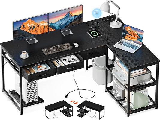 53 Inch L Shaped Computer Desk with Drawers, Corner Desk with Power Outlets & Reversible Storage Shelves, Movable CPU Stand for Home Office Gaming