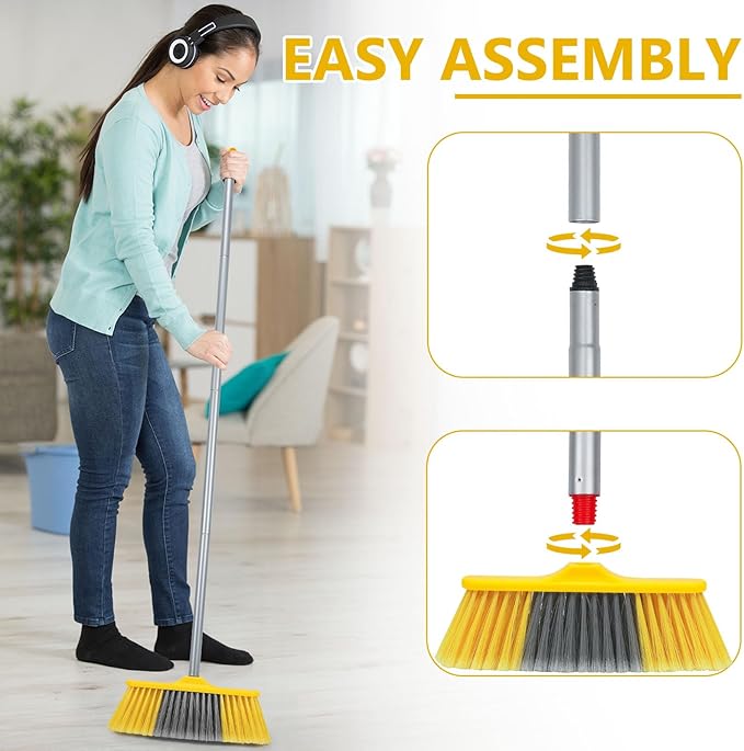Indoor Broom for Floors 55” Soft Bristle Brooms for Sweeping Indoor/Outdoor to Clean Kitchen, Lobby, Office, Hardwood, Tile, Concrete, Patio, Deck-Yellow