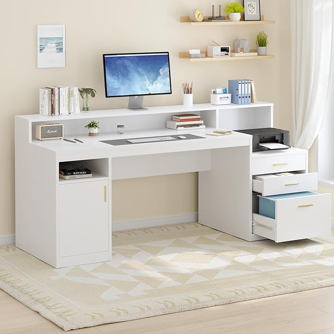 Computer Desk with 3 Drawer & Storage Shelves, Home Office Desk with File Drawer & Cabinet, Writing Study Table with Long Monitor Stand & Printer Shelf, Executive Desk