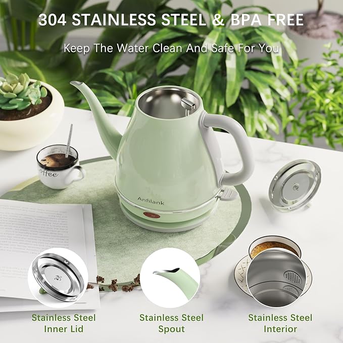 Electric Gooseneck Kettle, 1L 1500WFast Boil, 100% Stainless Steel BPA Free Pour-Over Coffee & Tea Kettle,Water Boiler with Auto Shut & Boil-Dry Protection