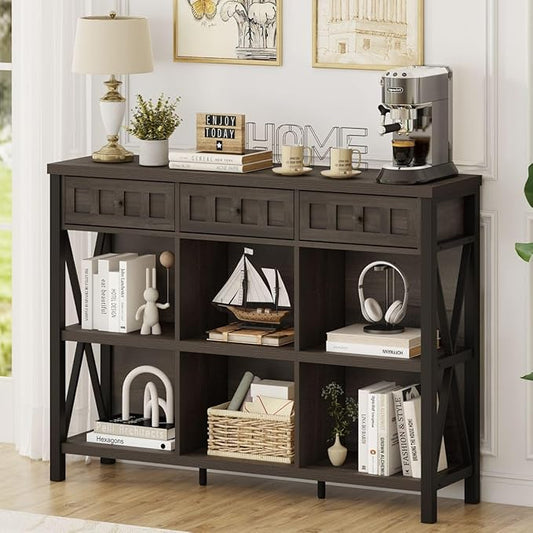 Rustic 6 Cube Storage Organizer Bookshelf with 3 Drawers, Short Low Horizontal Bookshelf for Living Room, Industrial Wood and Metal Cubby Bookcase for Home Office