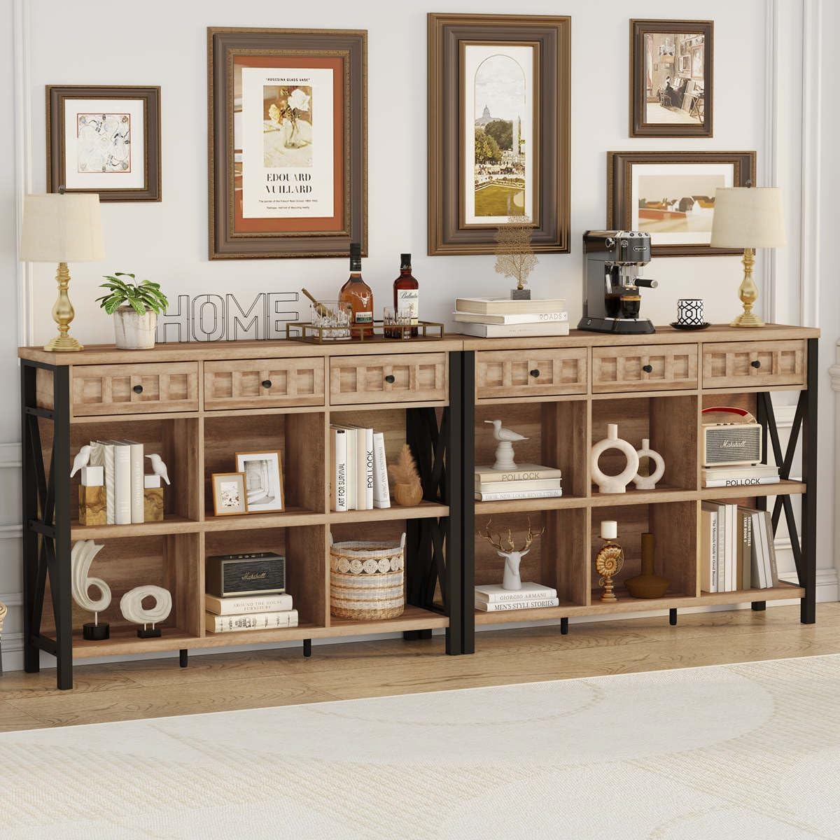 Rustic 6 Cube Storage Organizer Bookshelf with 3 Drawers, Short Low Horizontal Bookshelf for Living Room, Industrial Wood and Metal Cubby Bookcase for Home Office