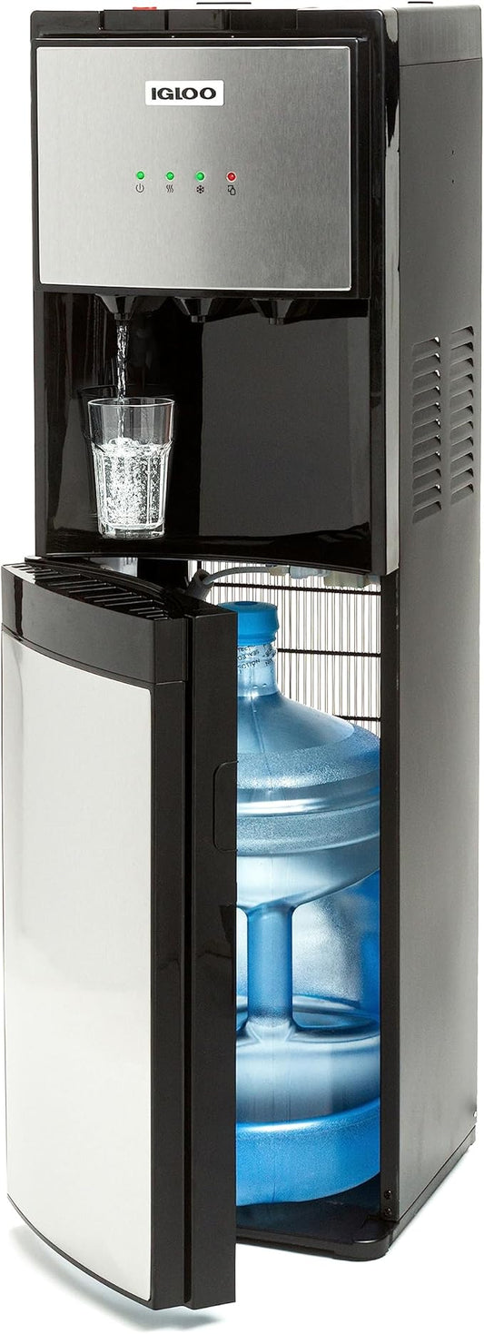 Stainless Steel Hot, Cold & Room Water Cooler Dispenser, Holds 3 & 5 Gallon Bottles, 3 Temperature Spouts, No Lift Bottom Loading, Child Safety Lock, Black/Stainless