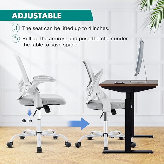 Office Chair - Desk Chair with Wheels, Ergonomic Home Office Chair with Flip-up Arms & Lumbar Support, Mesh Swivel Rolling Height Adjustable, Tilt & Lock, Computer Desk Chair, Grey