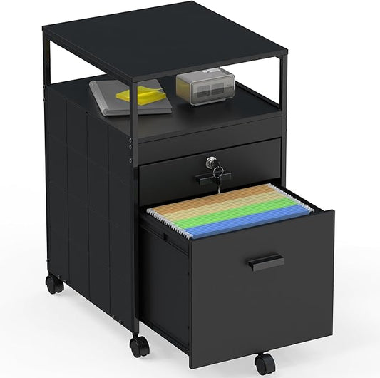 Box File Rolling Mobile Cabinet with Open Shelf and Lockable Drawer