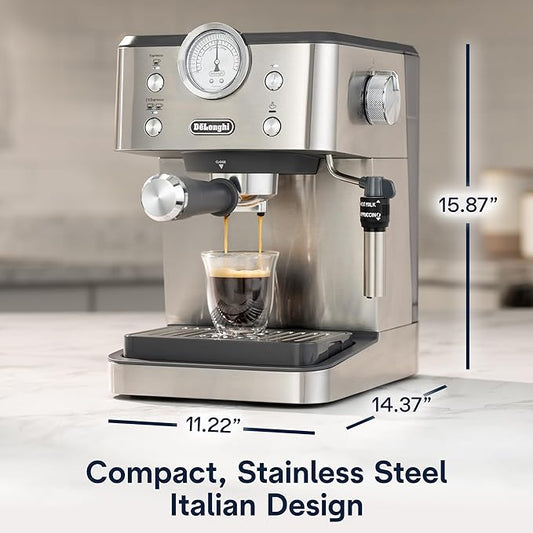 Espresso Machine with Milk Frother, 15-Bar Pump & Temperature Control - Barista Coffee Maker Kit for Espresso, Latte, Cappuccino & Iced Coffee - Italian Stainless Steel Design