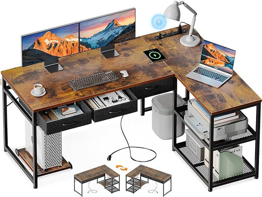 53 Inch L Shaped Computer Desk with Drawers, Corner Desk with Power Outlets & Reversible Storage Shelves, Movable CPU Stand for Home Office Gaming