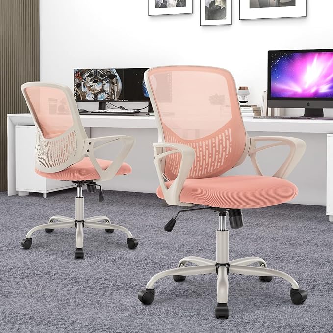Home Office Desk Chair Ergonomic Computer Chair Modern Height Adjustable Swivel Chair Mesh Chair with Fixed Armrests/Lumbar Support, Pink