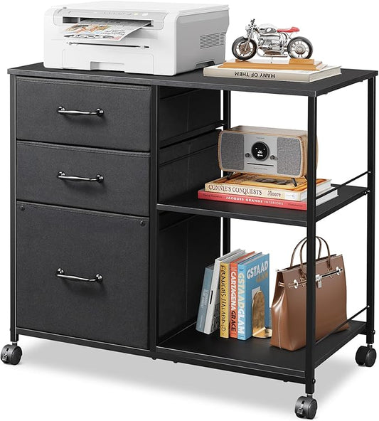 3 Drawer Mobile File Cabinet, Rolling Printer Stand with Open Storage Shelf, Fabric Lateral Filing Cabinet fits A4 or Letter Size for Home Office, Charcoal Black Wood Grain Print
