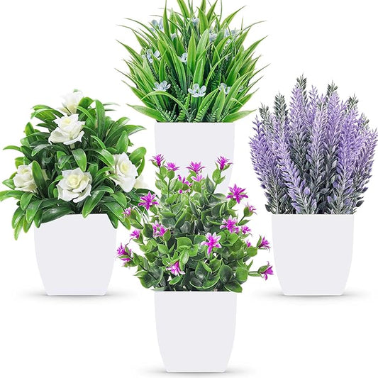 4 Pack Fake Plants Small Artificial Potted Faux Plants with Flowers for Home Bathroom Living Room Office Decor Indoor