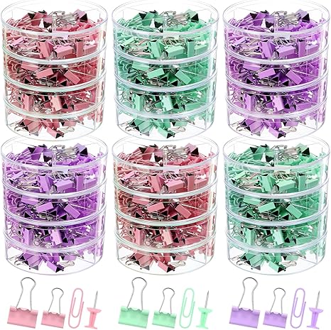 24 Packs Office Supplies for Women, Paper Clips, Binder Clips and Push Pins Set, Metal Assorted Sized Binders with Push Pins, Color Office Supplies for Desk, Desk Accessories