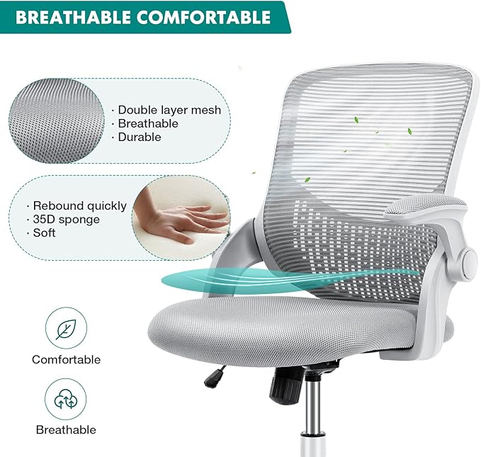 Office Chair - Desk Chair with Wheels, Ergonomic Home Office Chair with Flip-up Arms & Lumbar Support, Mesh Swivel Rolling Height Adjustable, Tilt & Lock, Computer Desk Chair, Grey